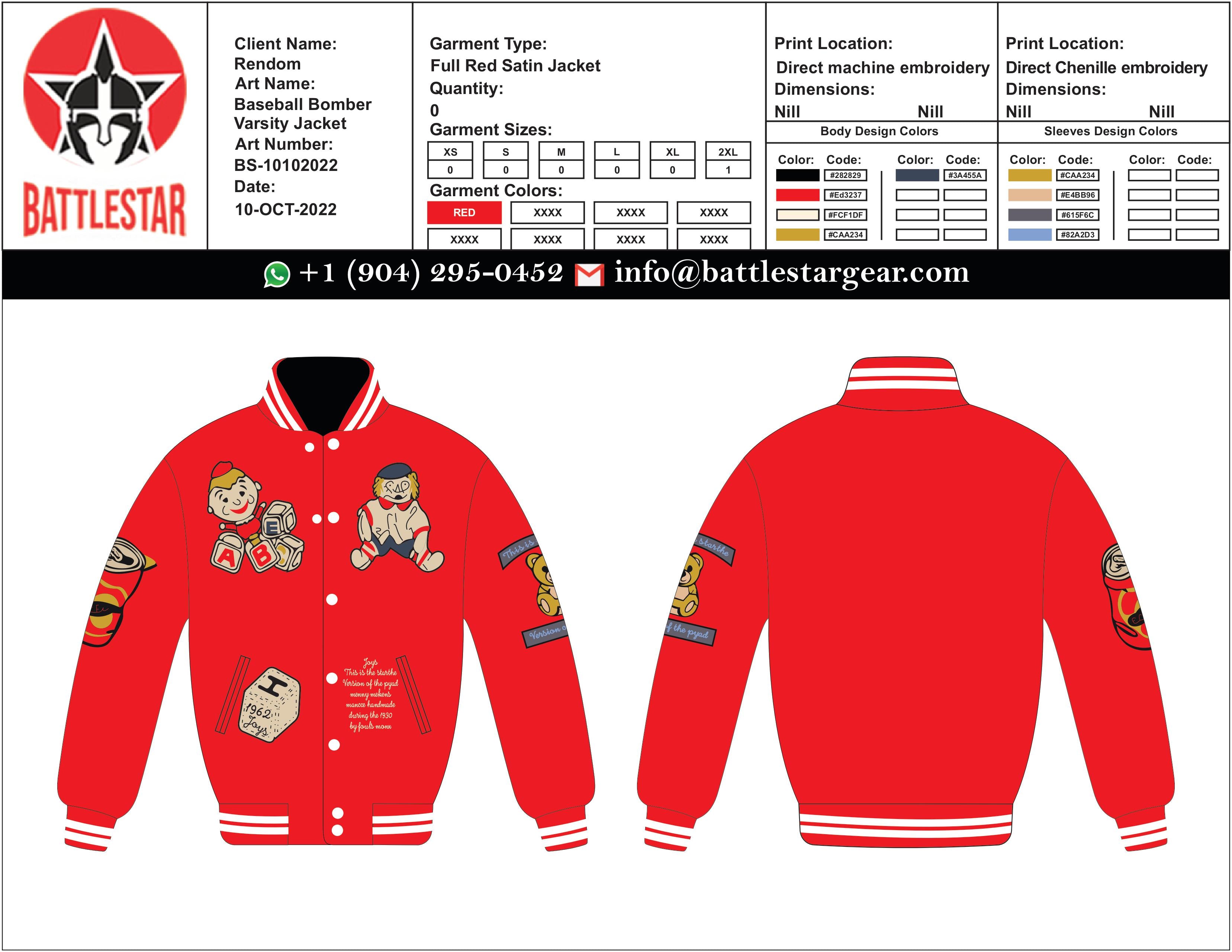 Personalized Full Red Satin Teddy Bear Varsity Jacket (Size XL)