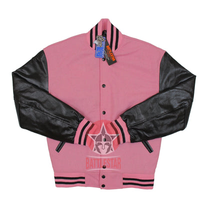 Pink Wool Varsity Jacket Black Leather Sleeves