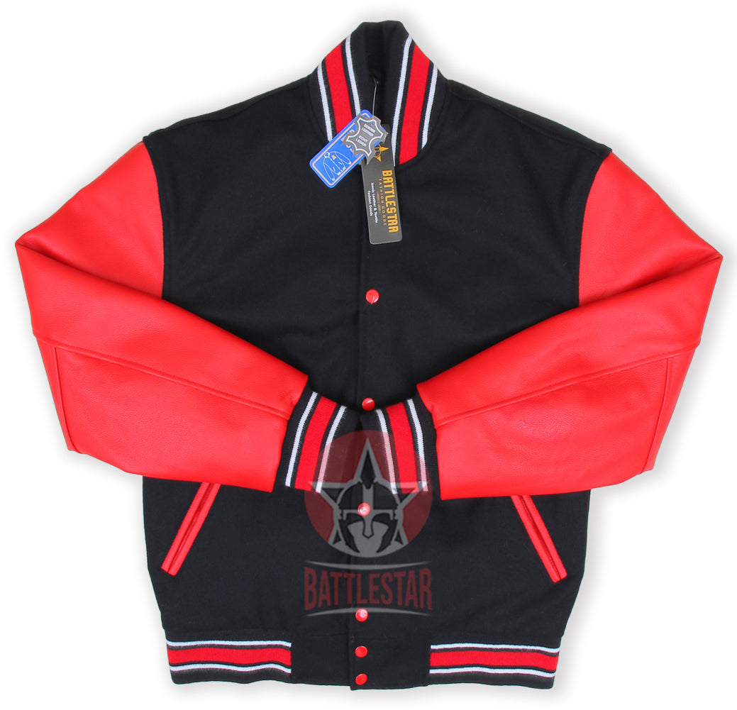 Black Wool Red Leather Sleeves Varsity Jacket