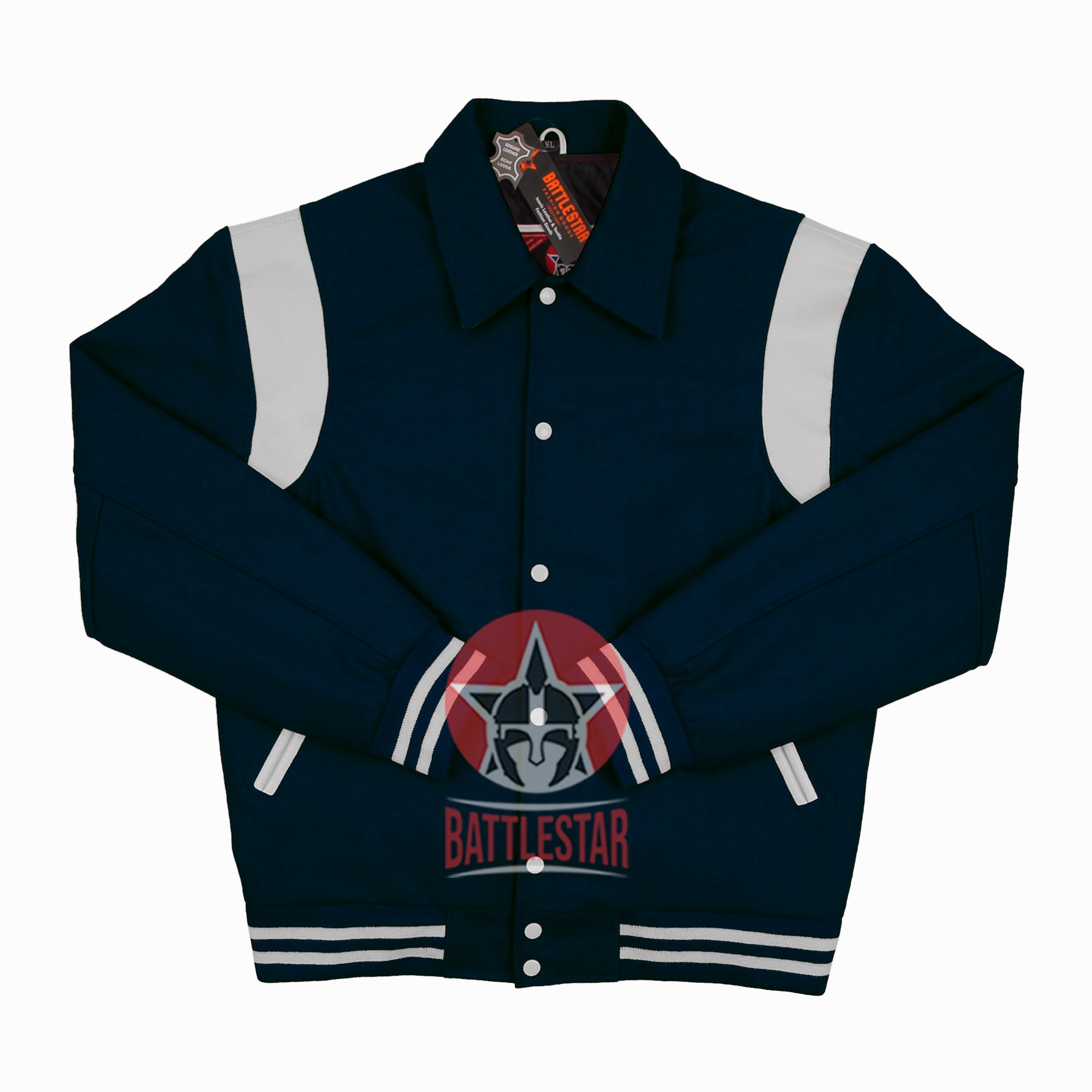 Byron Collar Navy Blue Wool White Leather Stripes Varsity Baseball Jacket