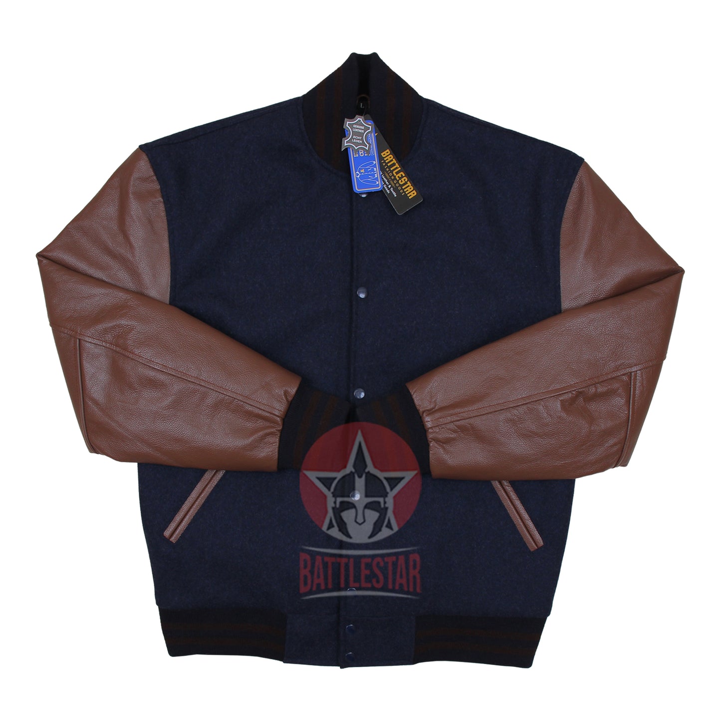 Navy Blue Wool Varsity Jacket Brown Pure Leather Sleeves