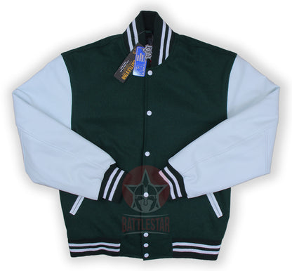 Forest Green Wool White Leather Sleeves  Varsity Jacket