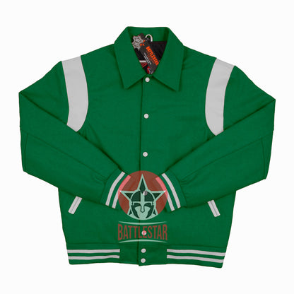 Byron Collar Kelly Green Wool White Leather Stripes Varsity Baseball Jacket