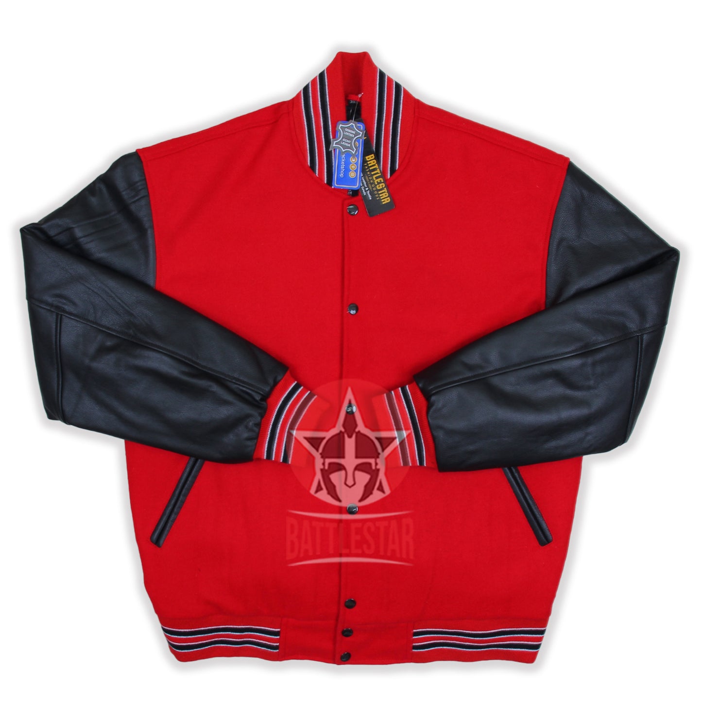 Red Wool Black Leather Sleeves Varsity Jacket