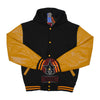 Hooded Black Wool Varsity Jacket Gold Yellow Leather Sleeves