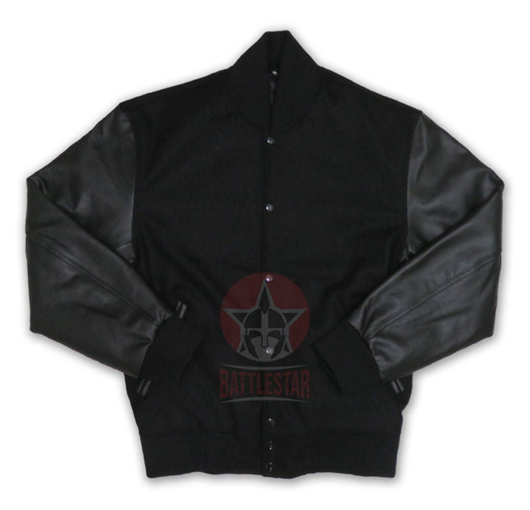 Full black wool leather varsity jacket plain black rib