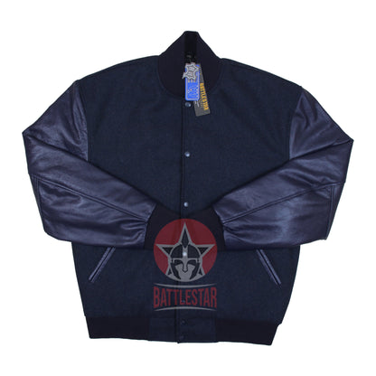 Navy Blue Wool & Leather Baseball Bomber Varsity Jacket