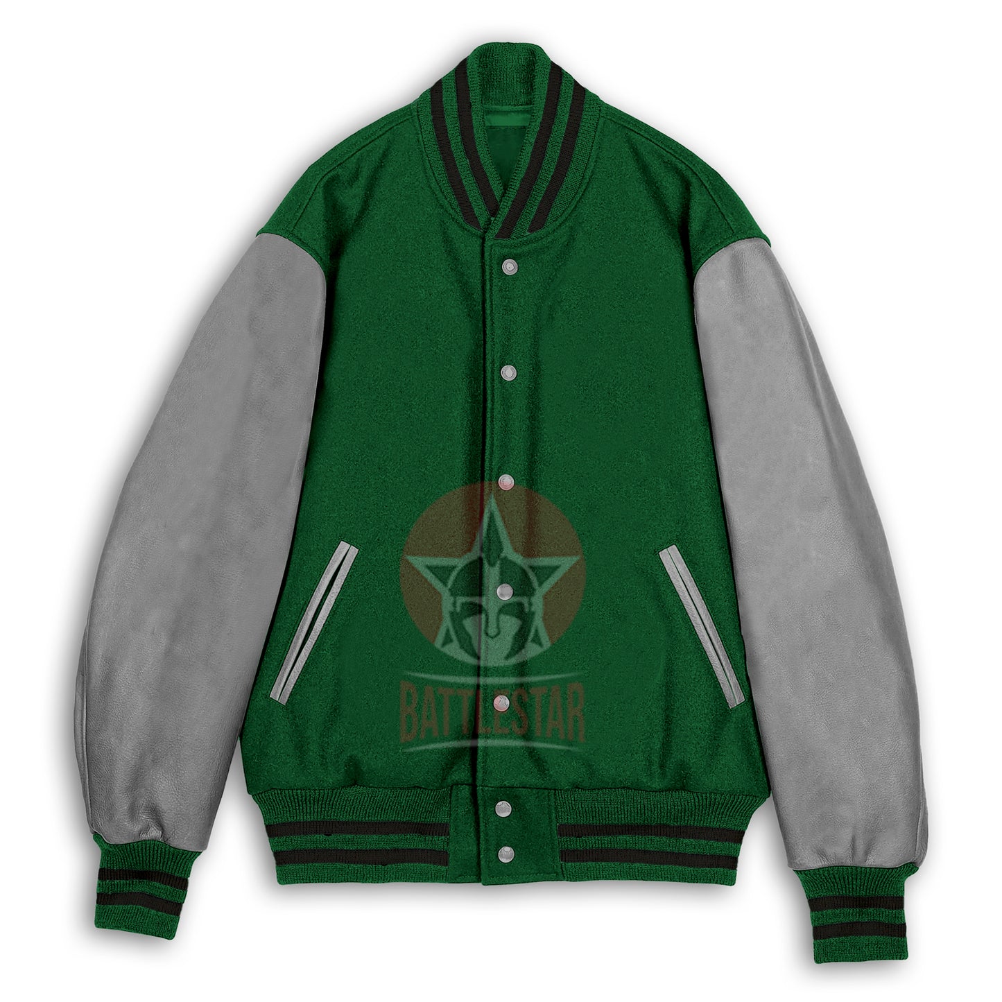 Green Wool Gray Leather Sleeves Varsity Jacket