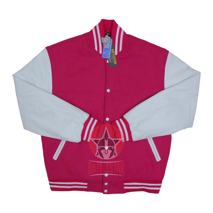 Pink Wool White Leather Varsity Baseball Jacket