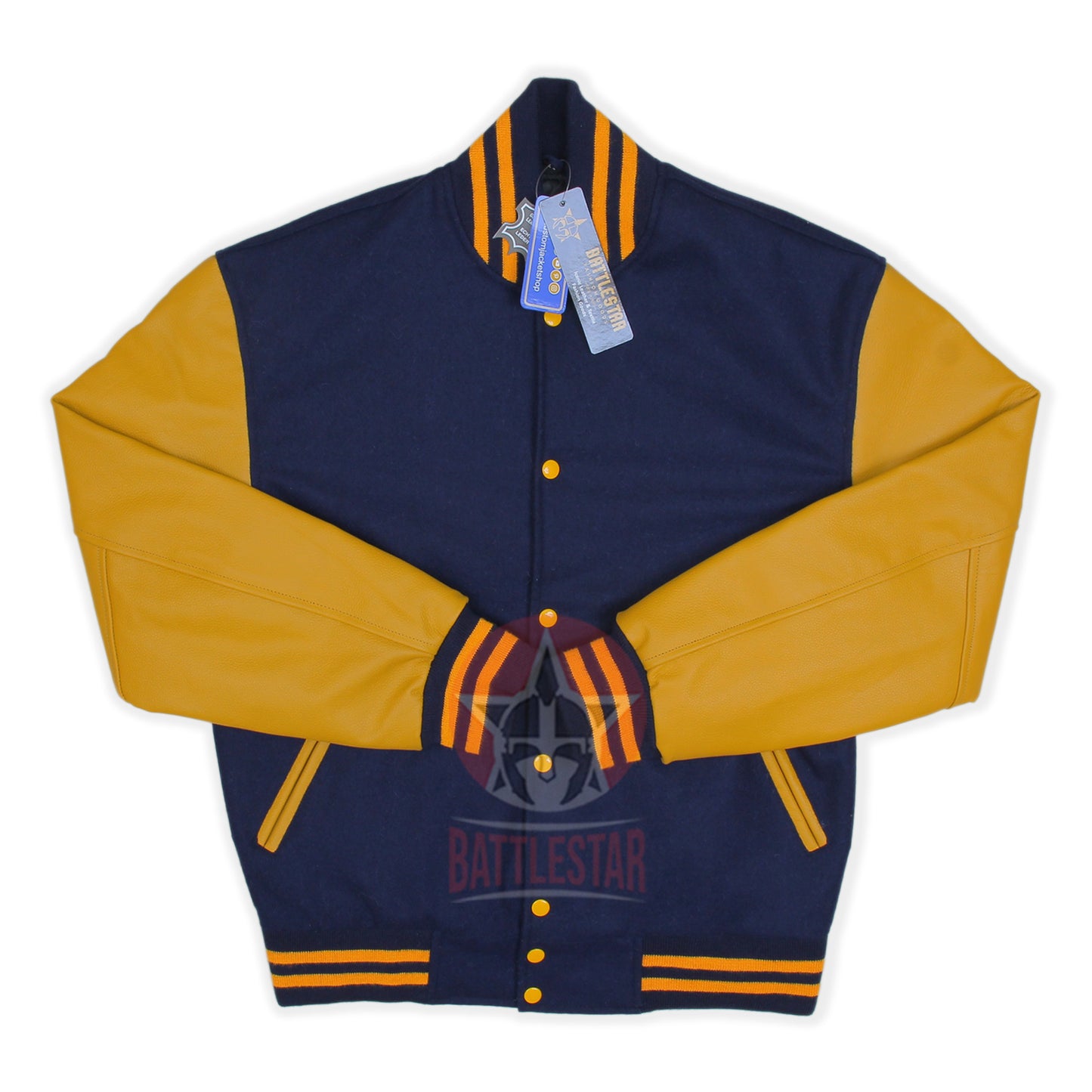 Navy Blue wool Gold Yellow Leather Varsity Baseball Jacket