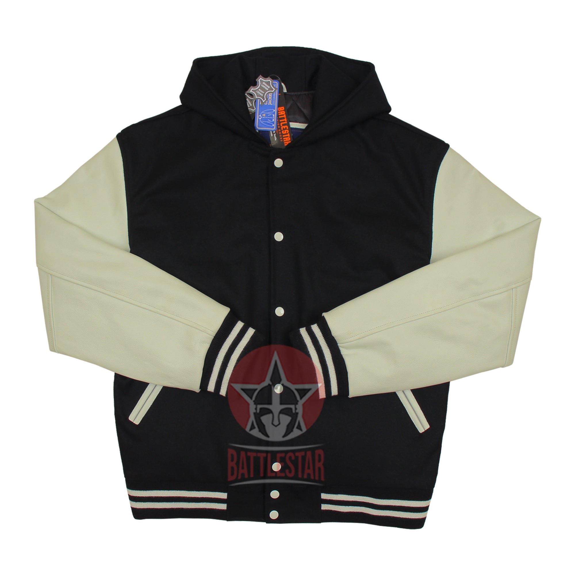 Black Wool Cream Leather Hooded Baseball Letterman Varsity Jacket