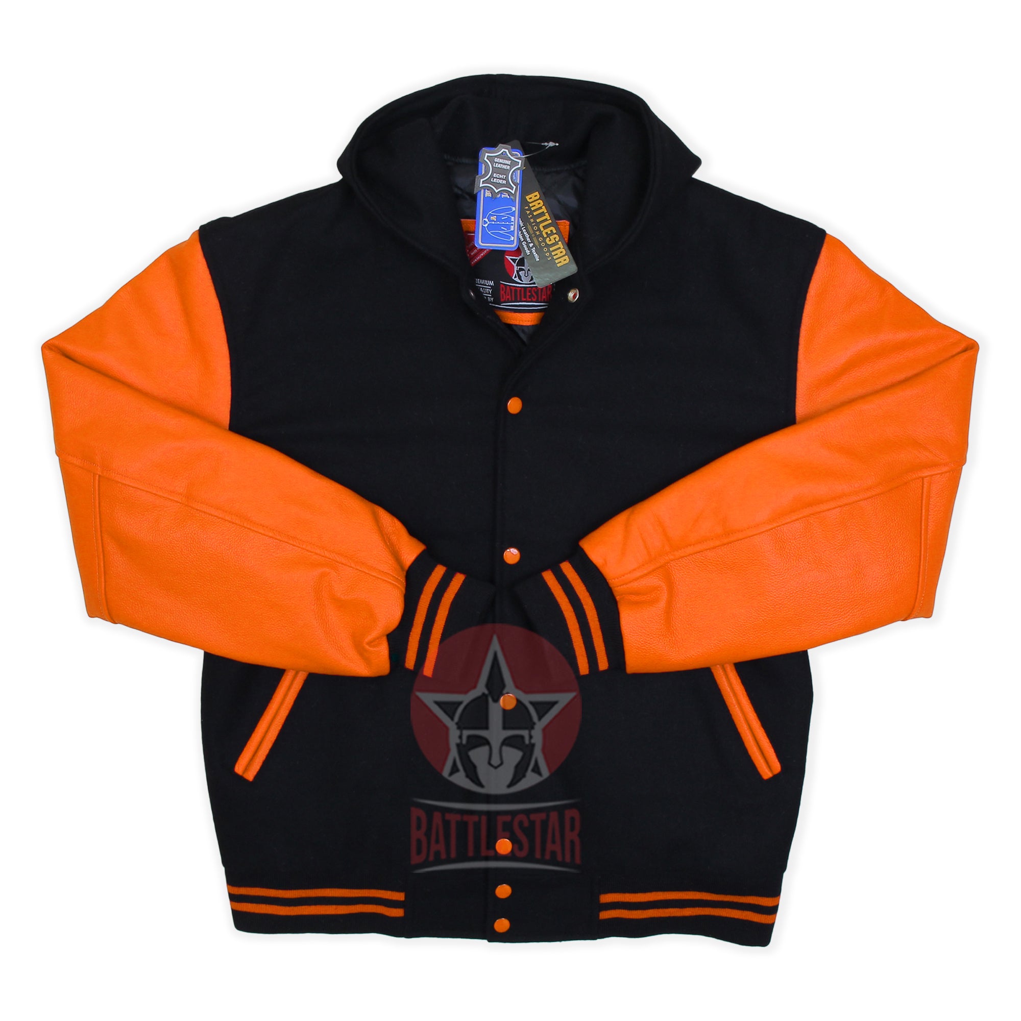 Black Wool Orange Leather Sleeves Hooded Varsity Jacket