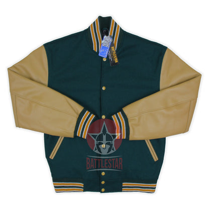 Forest Green Wool Tan Leather Sleeves Varsity Jacket