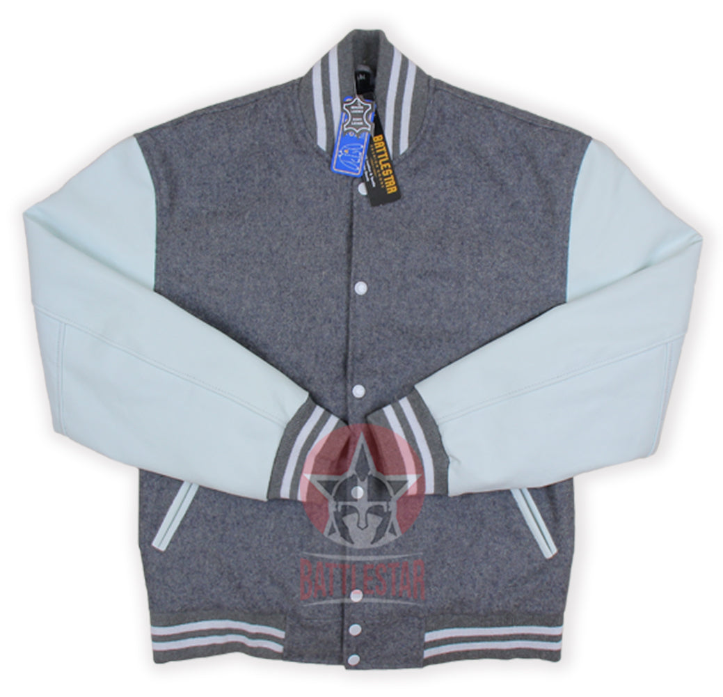 Gray Wool white Leather Sleeves Varsity Jacket