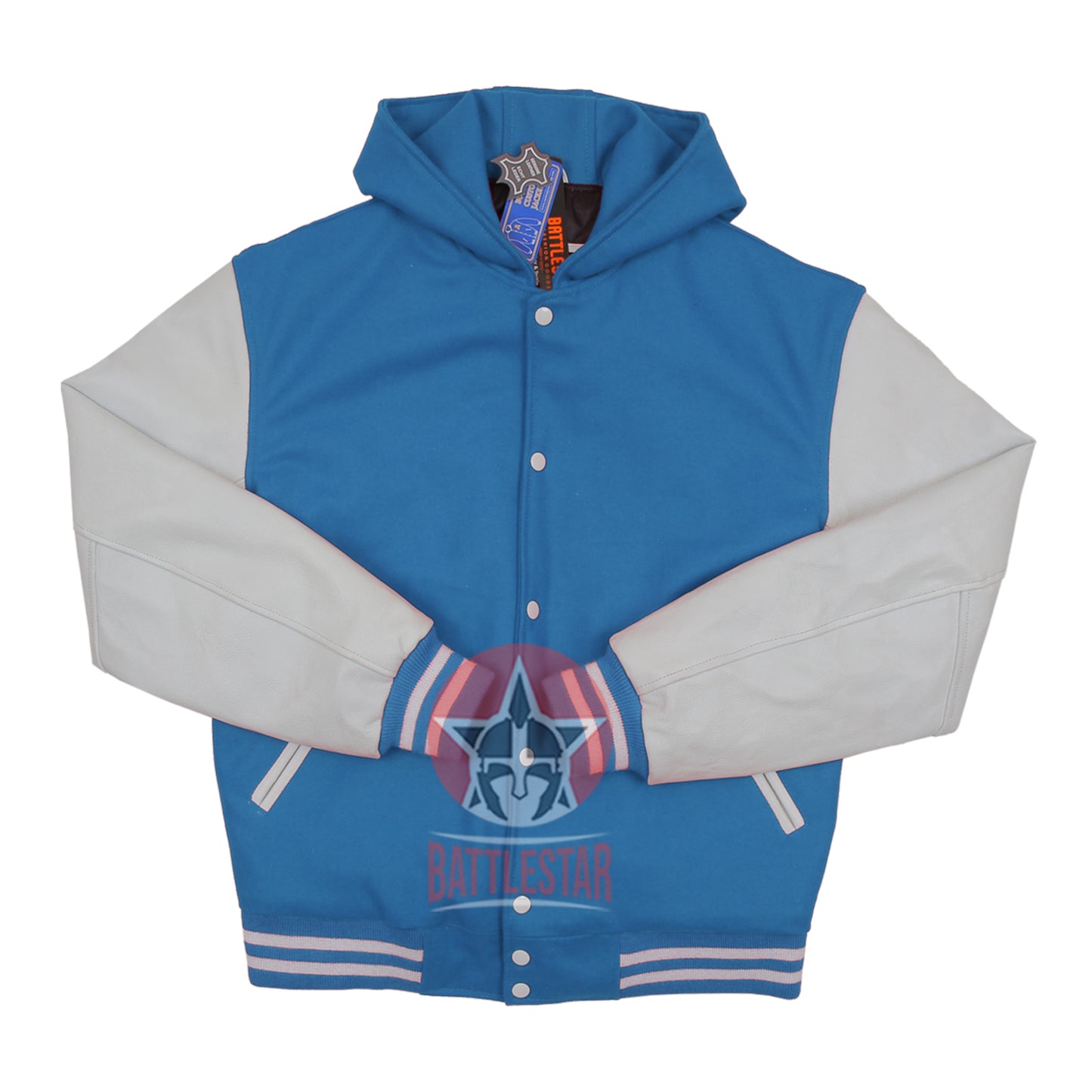 Sky Blue Wool White Leather Hooded Baseball Letterman Varsity Jacket