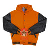 Load image into Gallery viewer, Orange Wool Black Leather Hooded Baseball Letterman Varsity Jacket