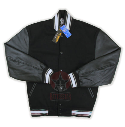 Black Wool Leather Sleeves White Rib Varsity Jacket