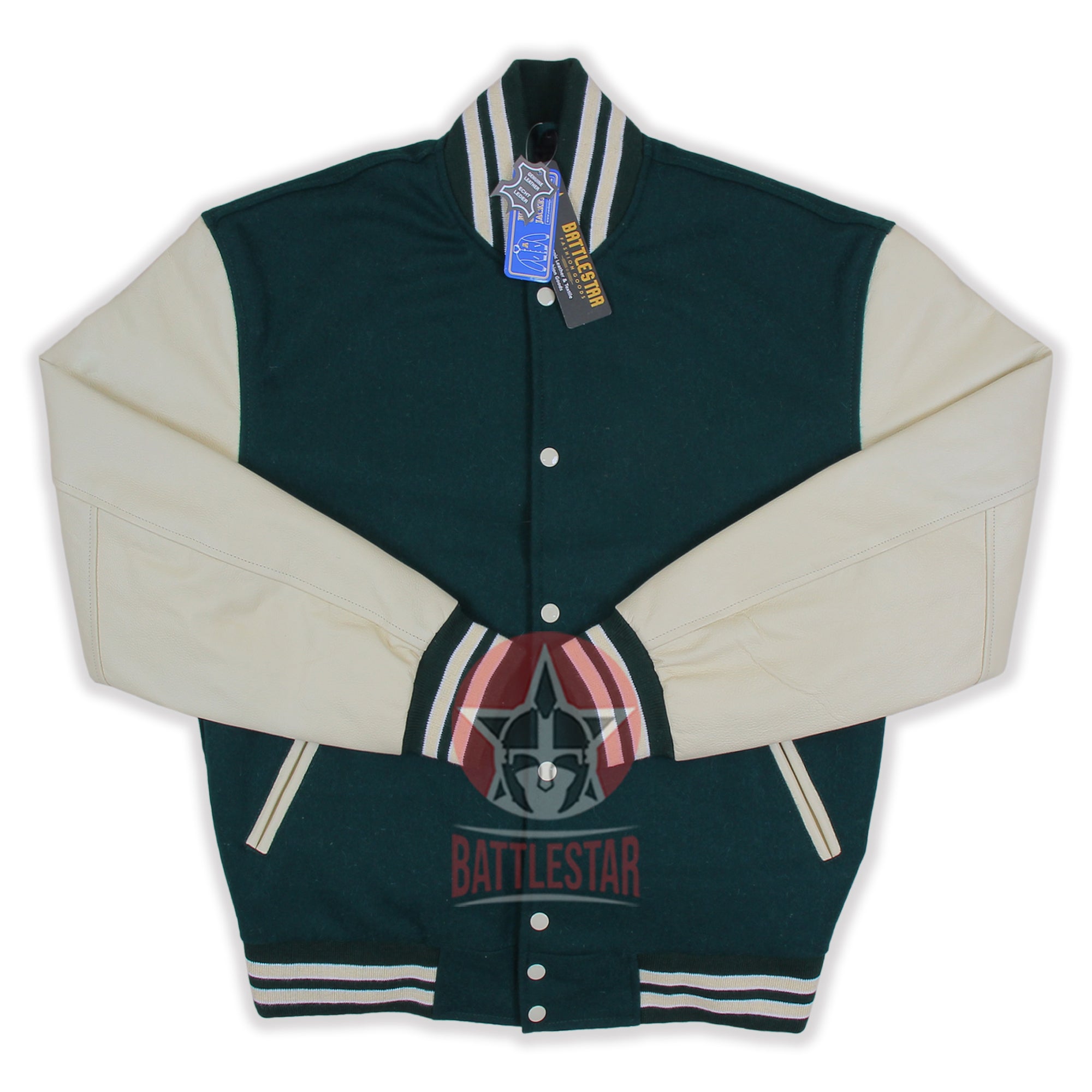 Forest Green Wool and Cream Leather Sleeves Varsity Jacket