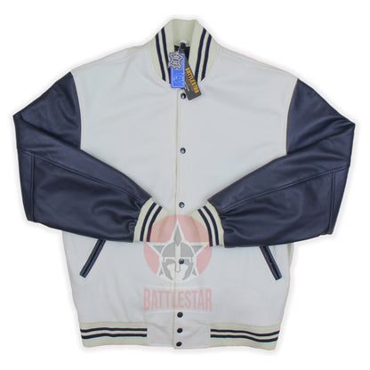 White Wool Varsity Jacket Navy Blue Leather Sleeves