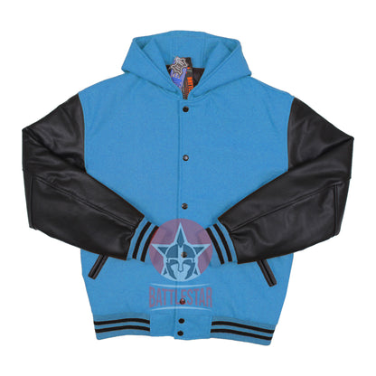 Sky Blue Wool Black Leather Hooded Baseball Letterman Varsity Jacket