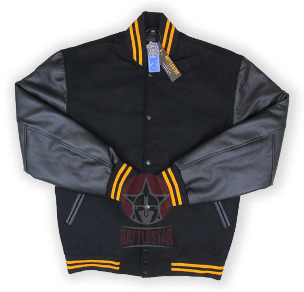 Black Wool Leather Sleeves Gold Rib Varsity Jacket