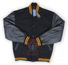 Load image into Gallery viewer, Black Wool Leather Sleeves Gold Rib Varsity Jacket