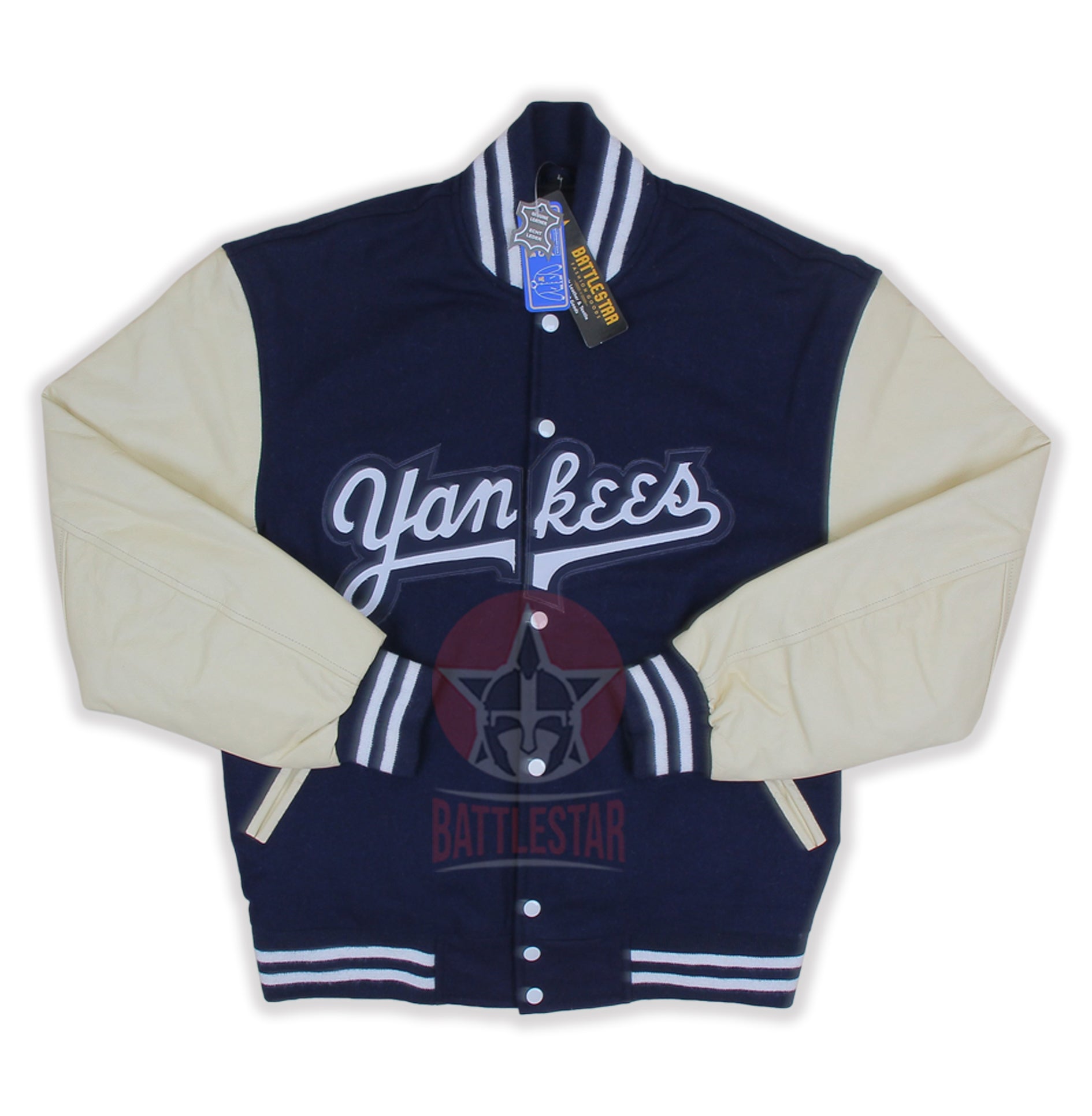 Yankees Inspired Navy Blue Wool Varsity Jacket Cream Leather Sleeves