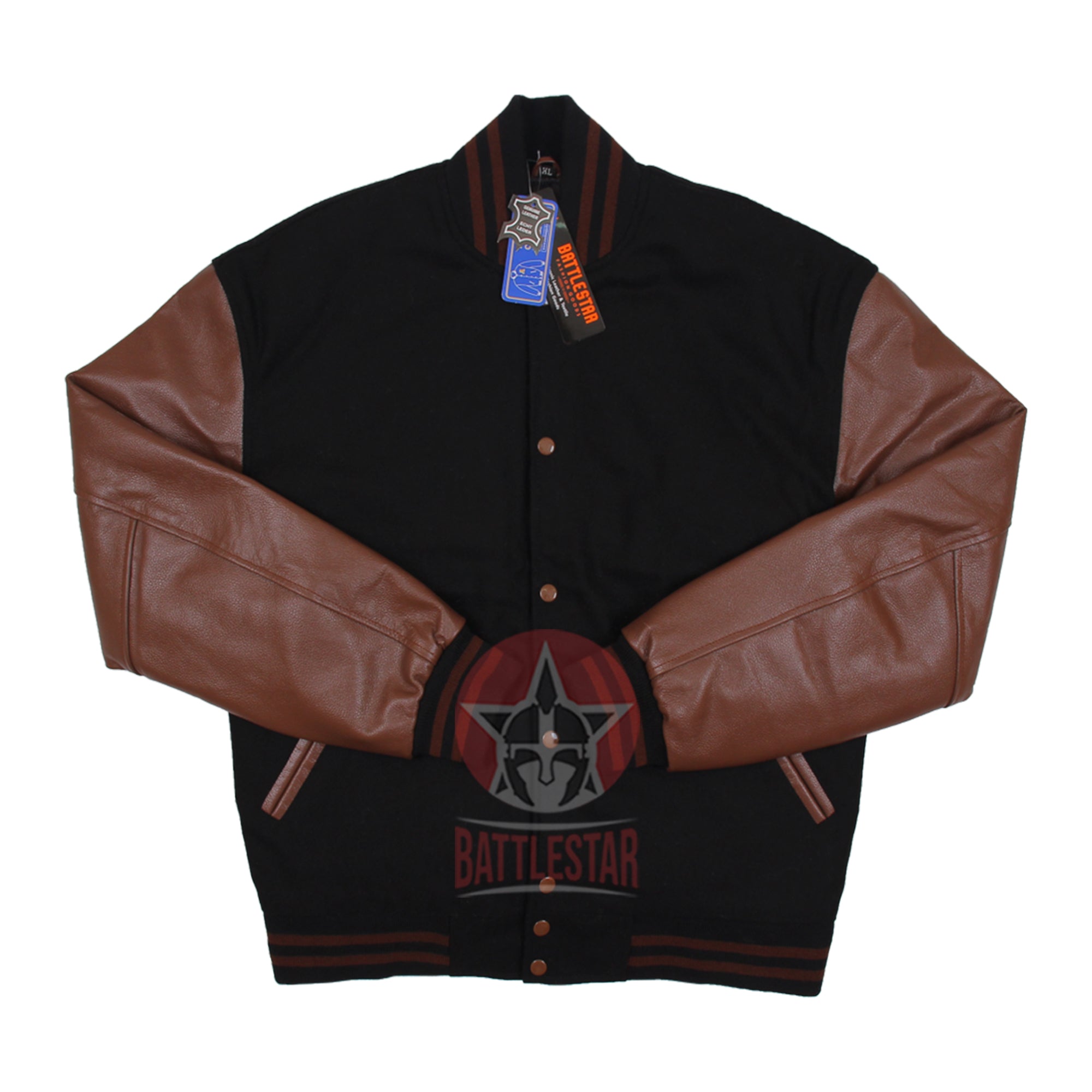 Black Wool Brown Leather Sleeves Varsity Baseball Bomber Jacket
