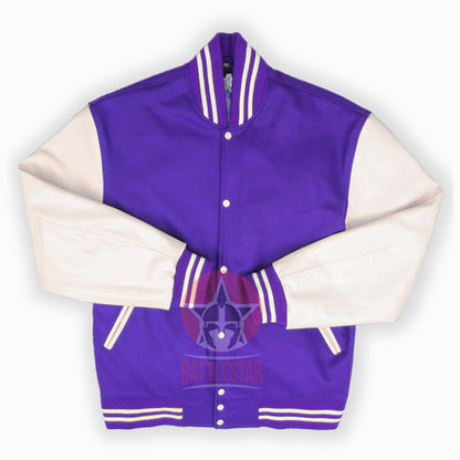 Purple Wool Varsity Baseball Jacket Cream Leather Sleeves