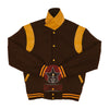 Load image into Gallery viewer, Byron Collar Brown Wool Gold Yellow Leather Stripes Varsity Baseball Jacket
