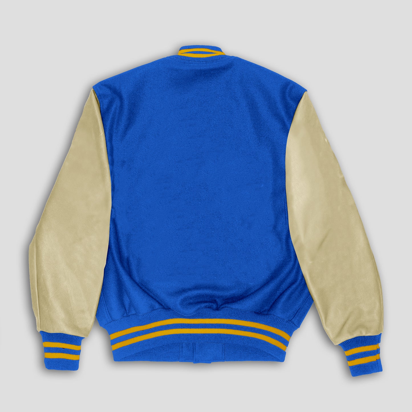 Royal Blue Body Cream Leather Sleeves Gold Yellow Stripes Varsity Jacket