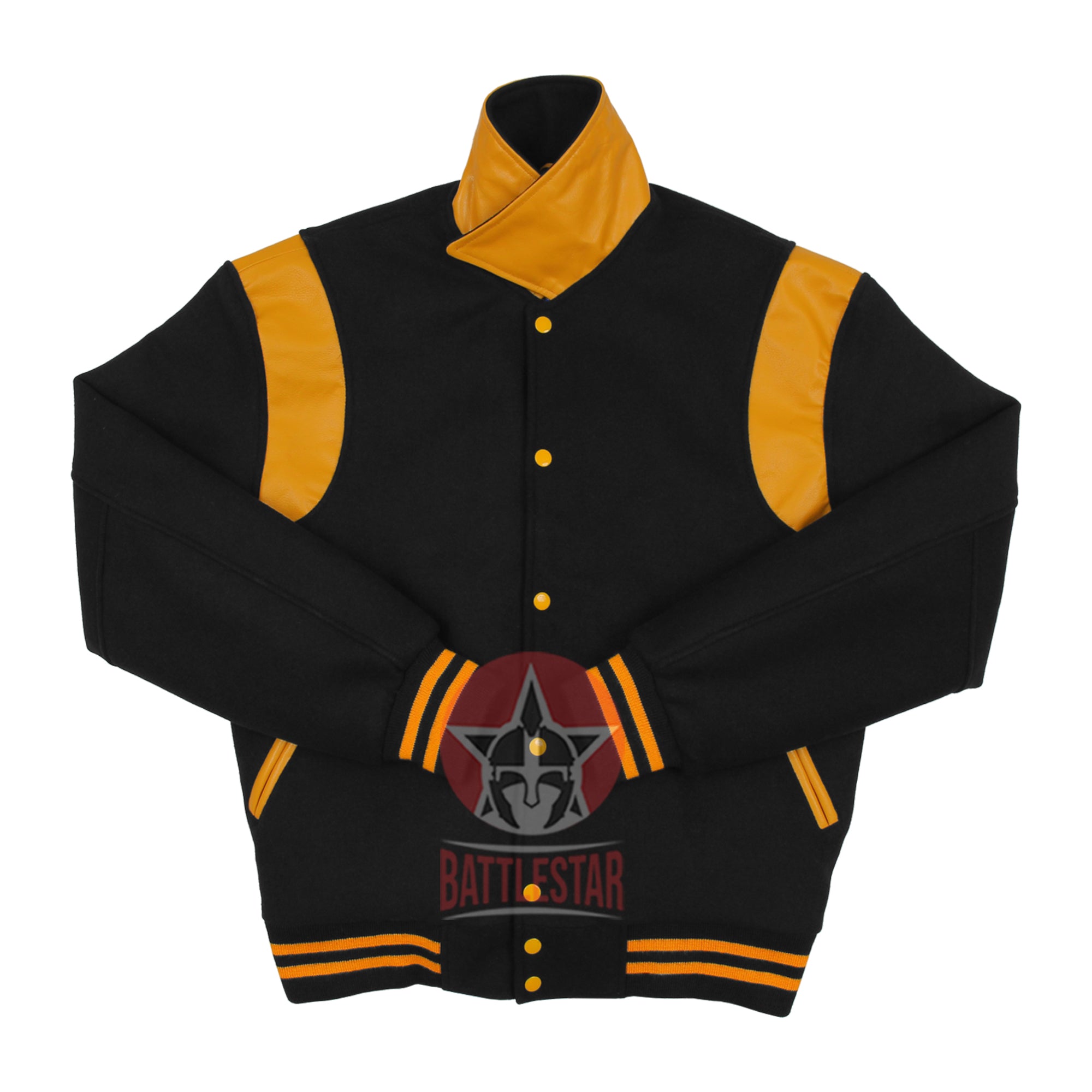 Byron Collar Black Wool Gold Yellow Leather Stripes Varsity Baseball Jacket