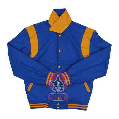 Byron Collar Royal Blue Wool Gold Yellow Leather Stripes Varsity Baseball Jacket