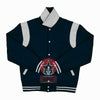 Load image into Gallery viewer, Byron Collar Navy Blue Wool White Leather Stripes Varsity Baseball Jacket