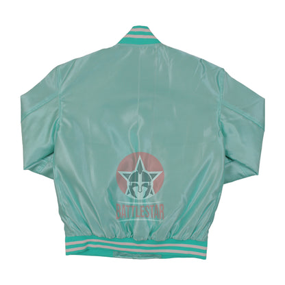 Turquoise Satin Fabric Baseball Bomber Letterman Varsity Jacket