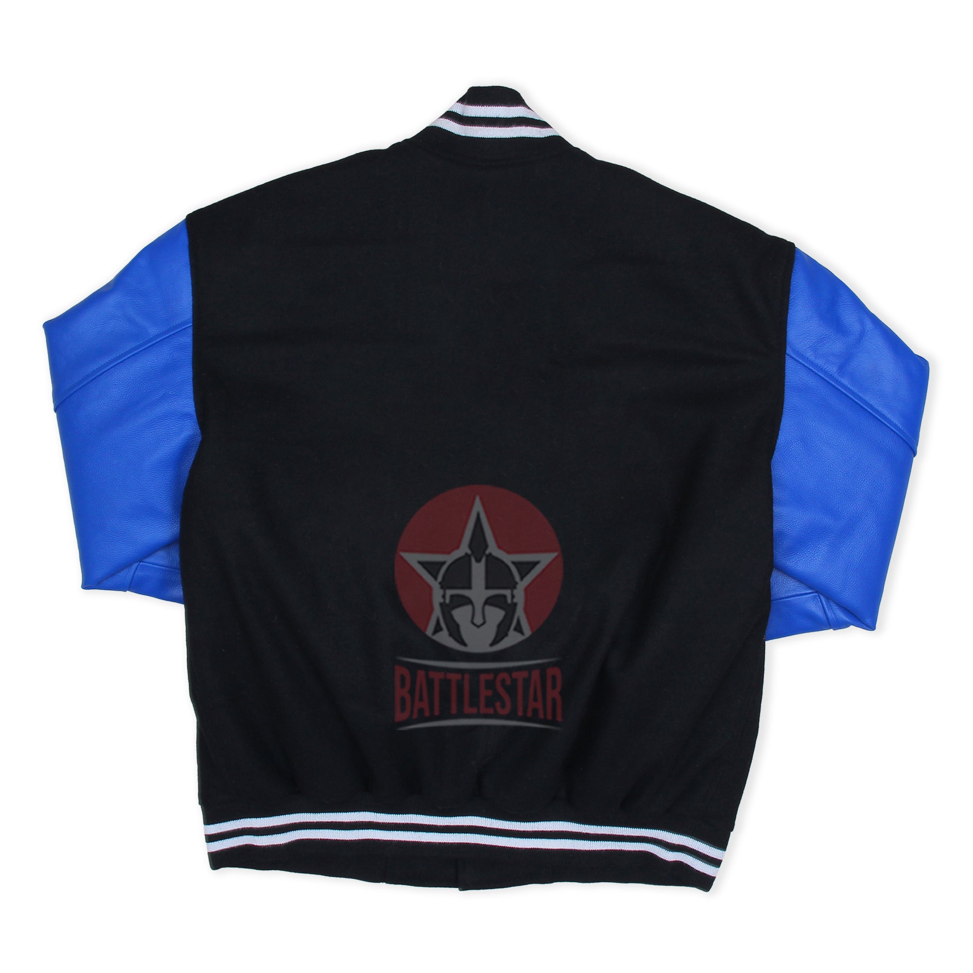 Black Wool Blue Leather Sleeves Varsity Jacket