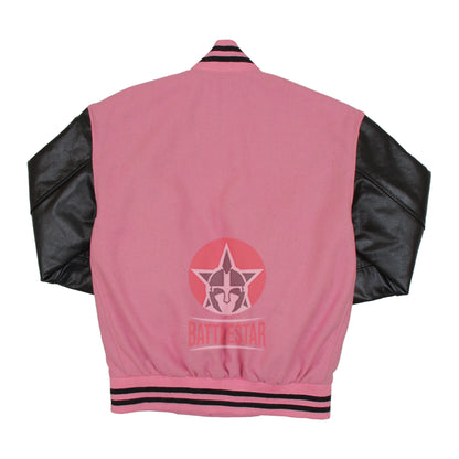 Pink Wool Varsity Jacket Black Leather Sleeves