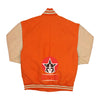 Load image into Gallery viewer, Orange Wool Cream Leather Sleeves Varsity Jacket