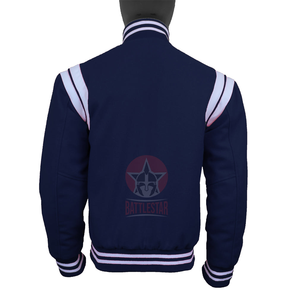Navy Blue Wool White Leather Stripes Varsity Jacket