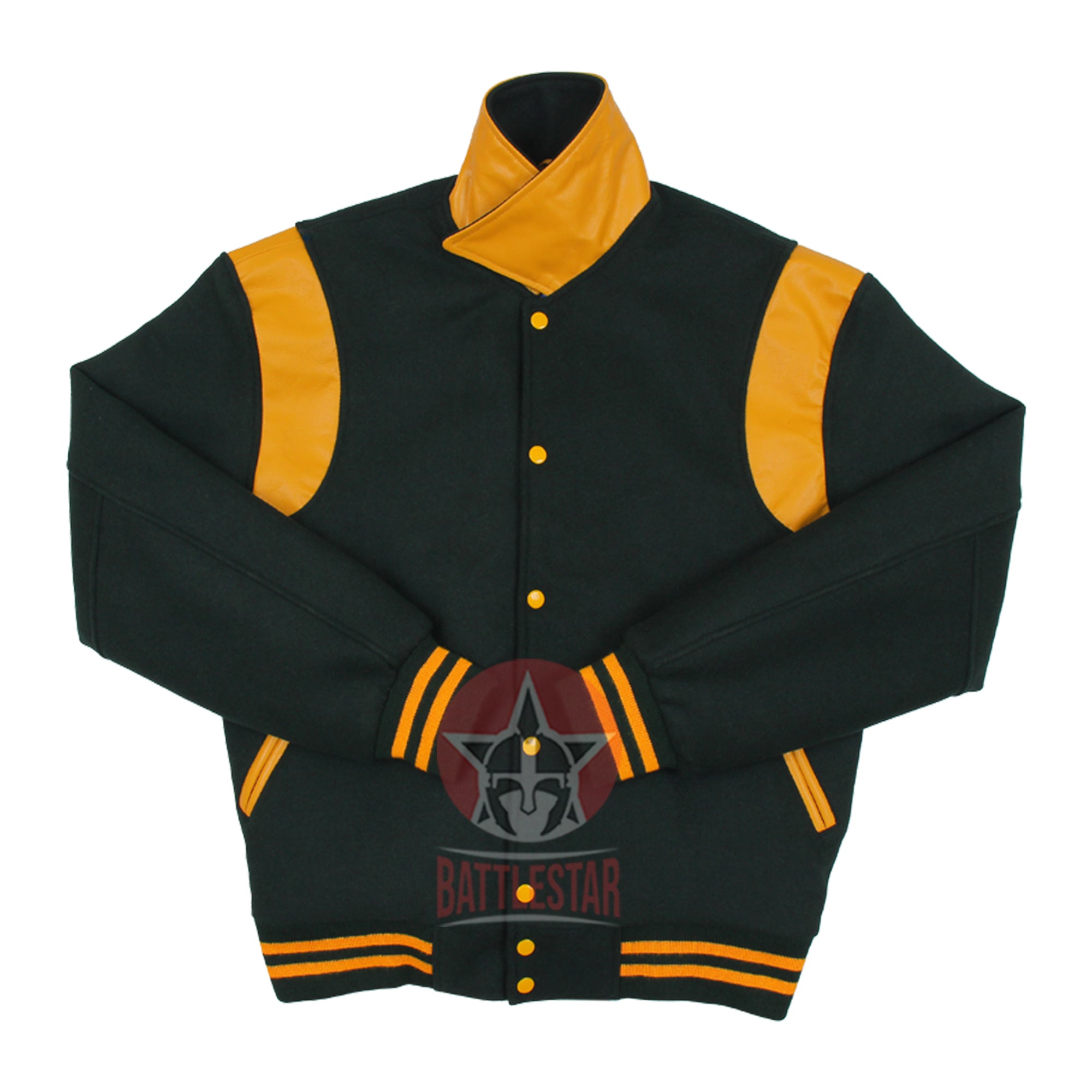Byron Collar Forest Green Wool Gold Yellow Leather Stripes Varsity Baseball Jacket