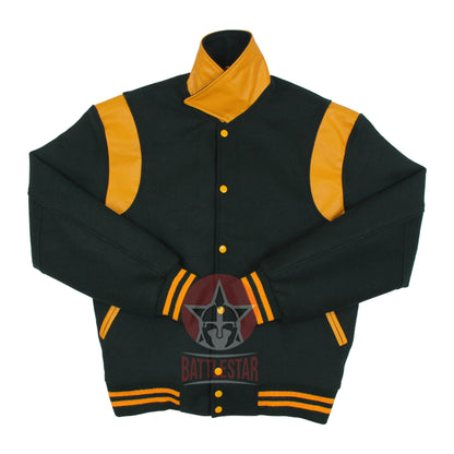 Byron Collar Forest Green Wool Gold Yellow Leather Stripes Varsity Baseball Jacket