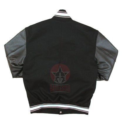 Black Wool Leather Sleeves White Rib Varsity Jacket