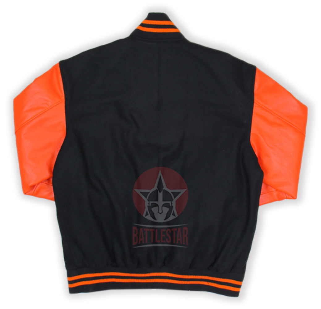 Black Wool Orange Leather Sleeves Varsity Jacket