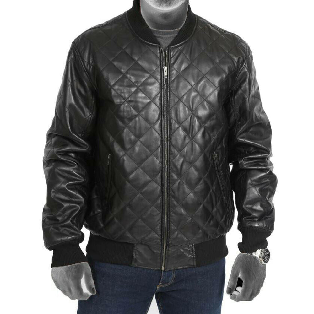 Men's New Style Black Real Leather Quilted Bomber Jacket - Battlestar Clothing & Gears Co