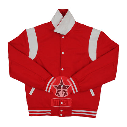 Byron Collar Red Wool White Leather Stripes Varsity Baseball Jacket