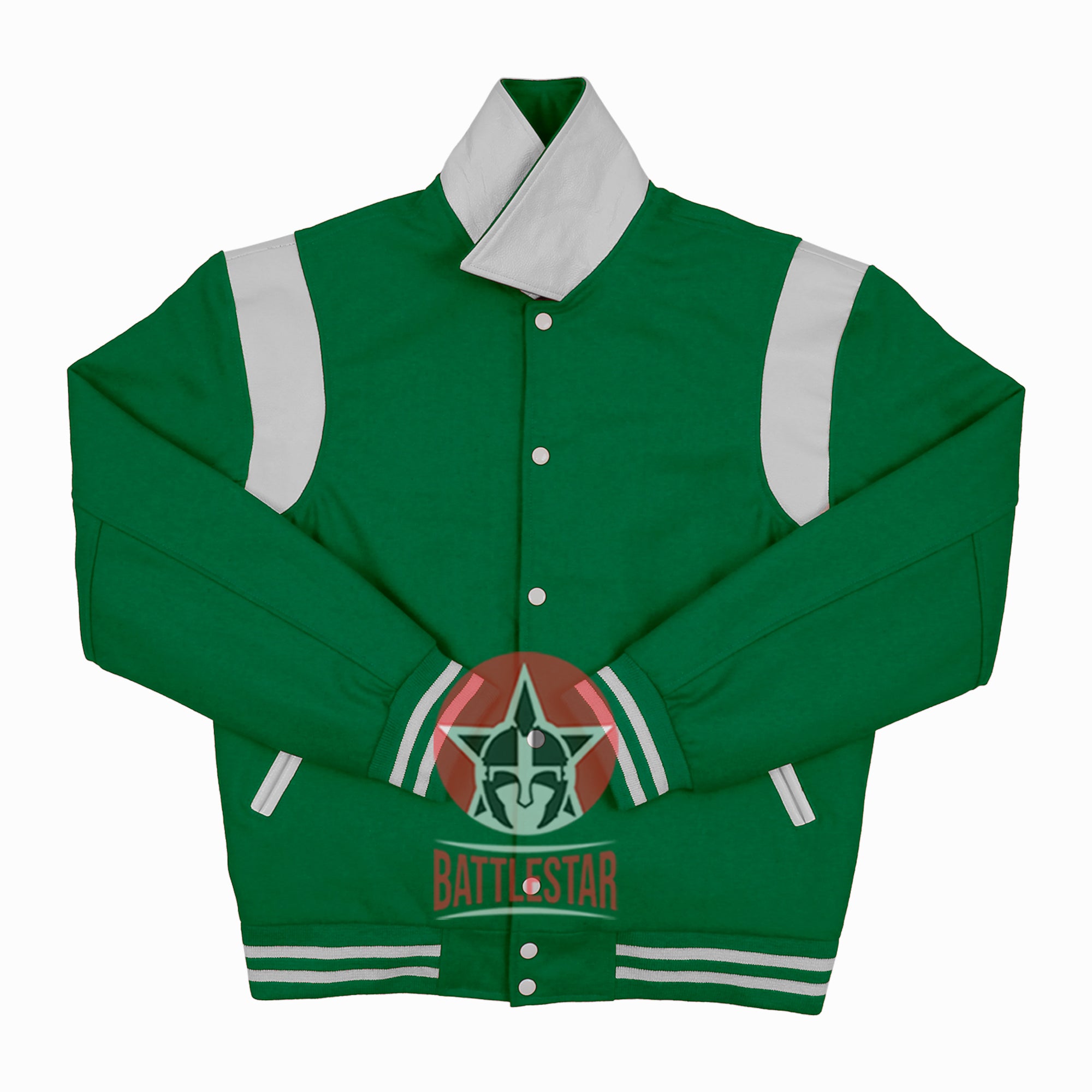 Byron Collar Kelly Green Wool White Leather Stripes Varsity Baseball Jacket