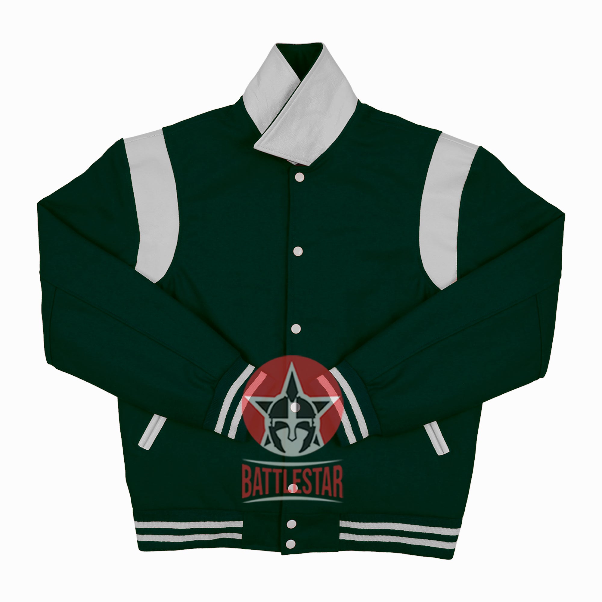 Byron Collar Forest Green Wool White Leather Stripes Varsity Baseball Jacket