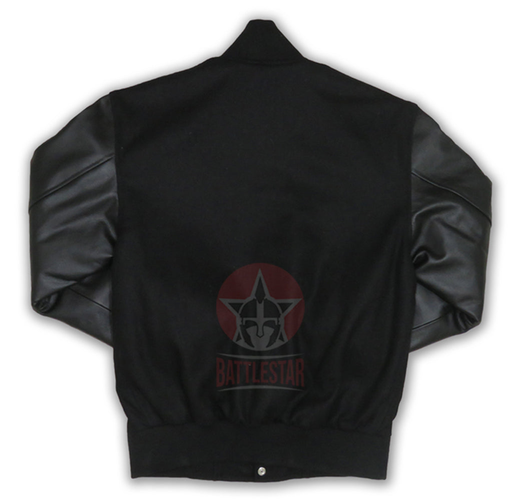 Full black wool leather varsity jacket plain black rib