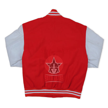 Red Wool White Leather Sleeves Varsity Jacket