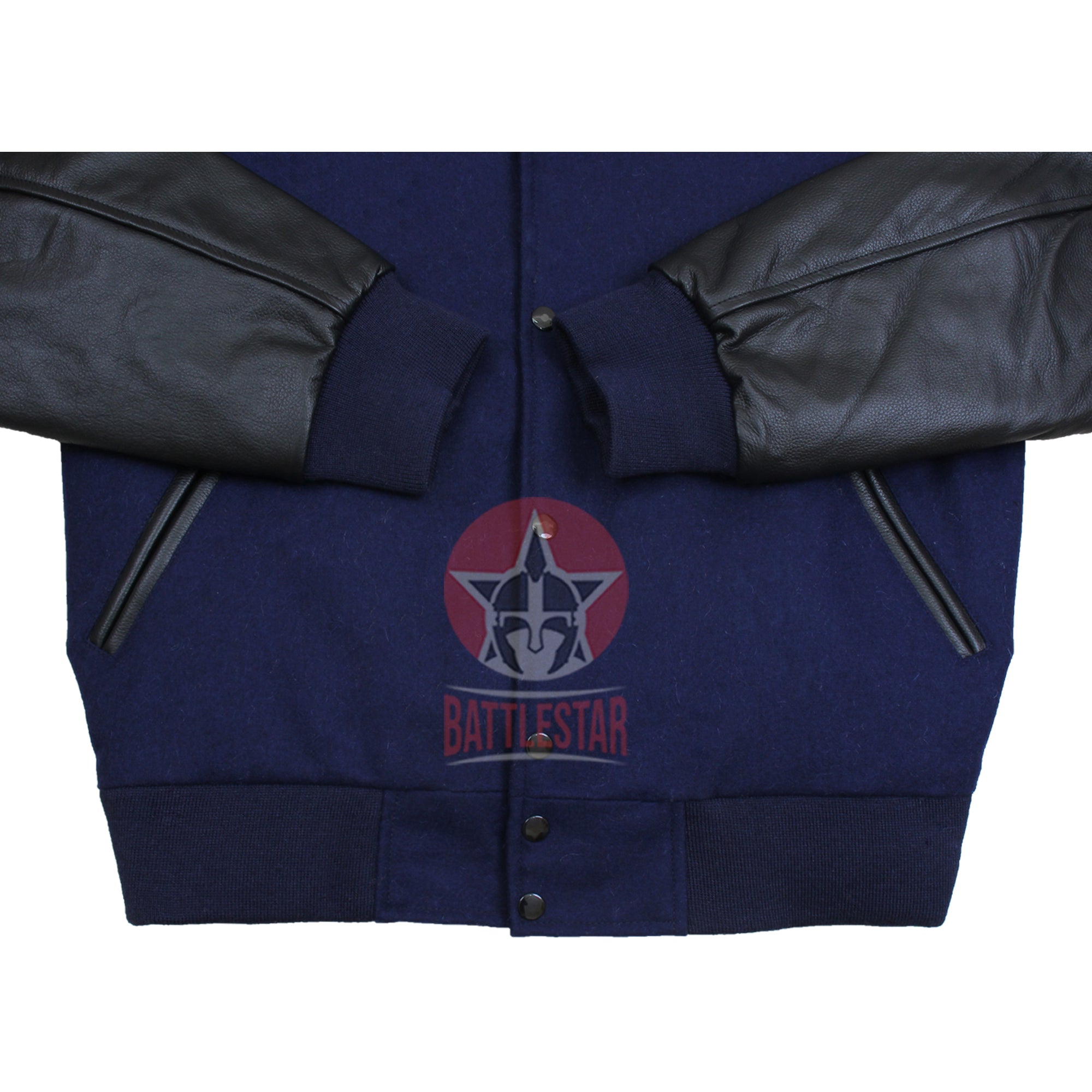 Navy Blue Wool Retro Varsity Jacket Black Leather Sleeves